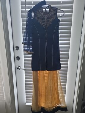 Navy Blue and Gold Embroidered Lehenga Choli Slit Kurta Set